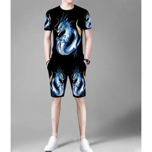 3D Pegasus printed T-shirt + Shorts casual two-piece suit new summer fashion casual short-sleeved Dragon suit men