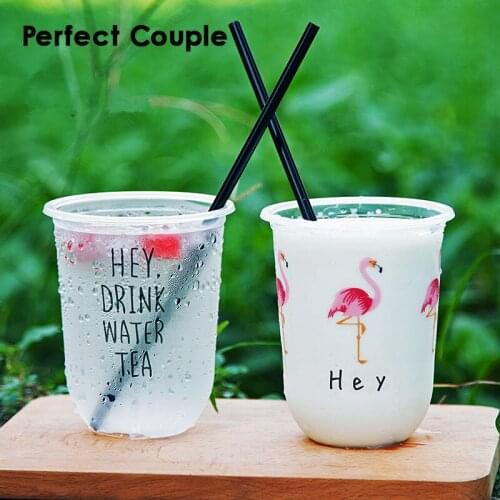 50pcs Disposable coffee cup fat U-shaped milk tea plastic cup flamingo pattern 500ml drink juice packaging cups with lid
