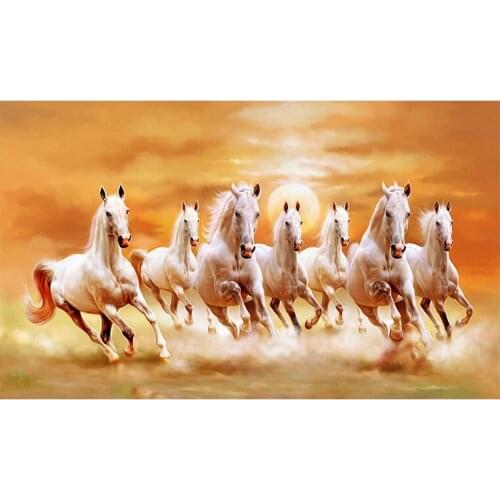 79x132cm Seven Running White Horse Animals Painting Canvas Art Gold Posters and Prints Modern Wall Art Picture For Living Room