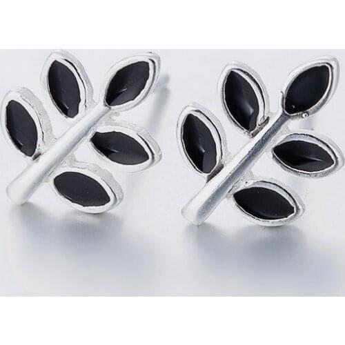 925 Sterling Silver Piercing Black Leaf Stud Earrings For Women Girls Party Femme Jewelry Pendientes eh1452