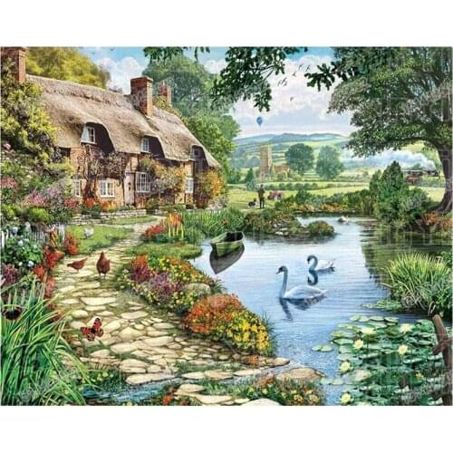 DIY Diamond Painting Kits for Adults Kids Full Round Drill Art Painting Lakeside Cottage Embroidery for Home Decor