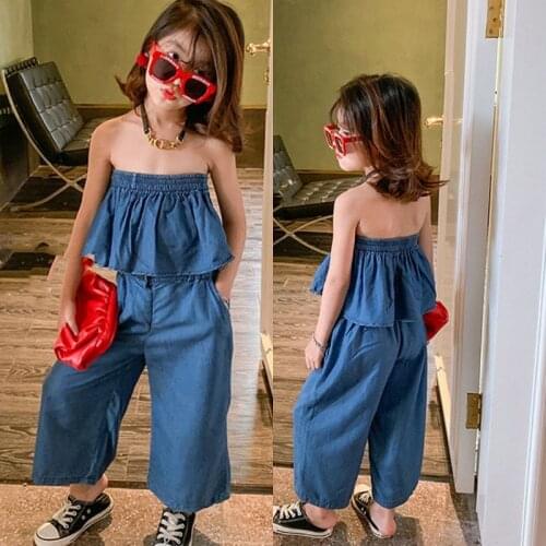Girls' Light Denim Suit Short Elastic Top Plus Pants for Summer 2021 New Childrens Wear girl clothes outfits kids clothing fo