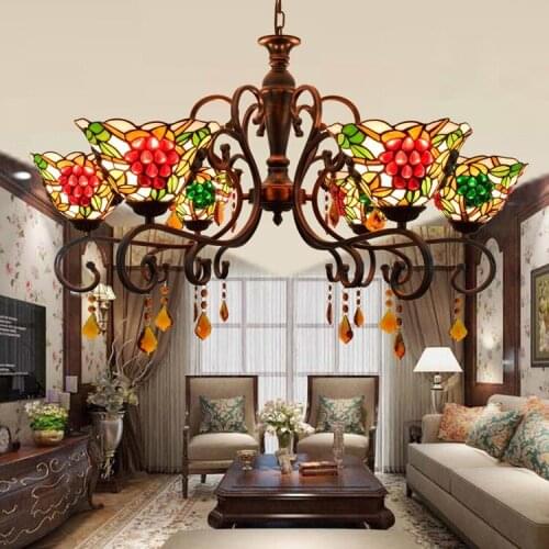 European style chandelier pastoral Grape living room lamp Tiffany Stained glass dining room restaurant lamp LED crystal lighting