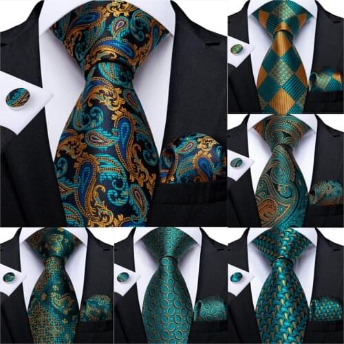Men Tie Teal Green Paisley Striped Novelty Design Silk Wedding Tie for Men Handky cufflink Gift Tie Set DiBanGu Party Business