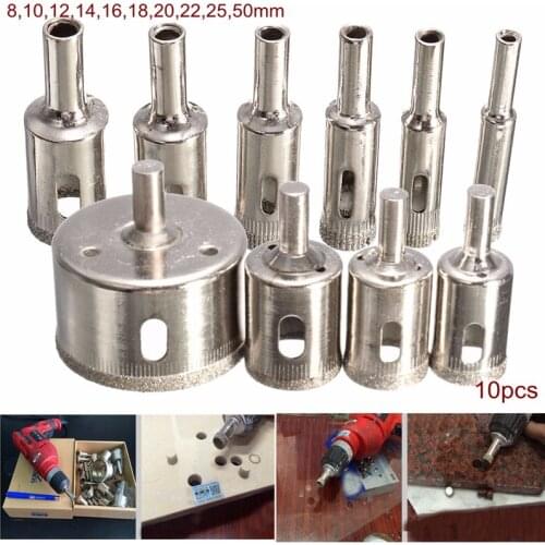 10 Pcs Diamond Drill Bit Set 8mm-50mm Diamond Coated Core Hole Saw Drill Bits Tool Cutter for Glass Marble Tile Granite Drilling