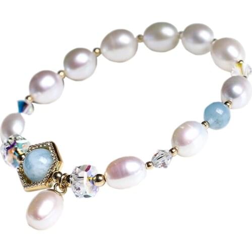 BOCAI New Fashion cute temperament bracelet for women natural pearl sea sapphire blue crystal women bracelet