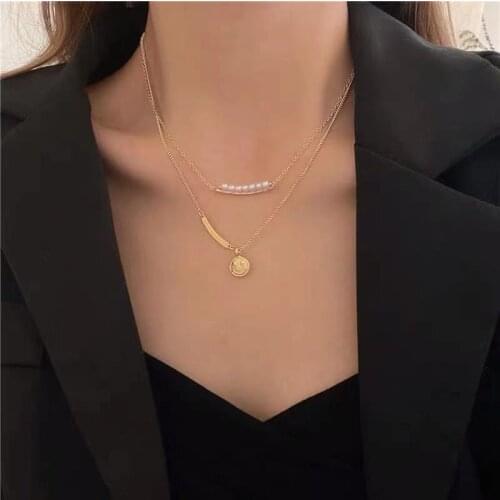 2021 Fashion Smile Face Pearl Choker Necklace Cute Double Layer Chain Pendant For Women Jewelry Girl Gifts collares para mujer