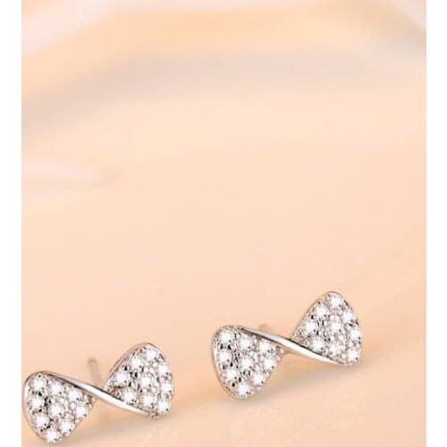 Simple 925 Sterling Silver Fashion Charm Elegant Cute Pave Crystal Bow Stud Earrings For Women Girls Daily Gift CY1366
