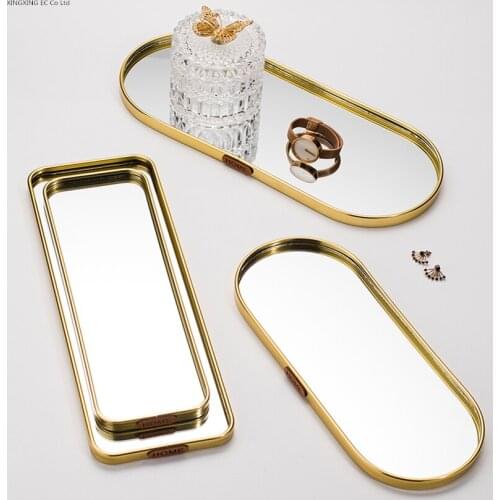 Nordic Glass Mirror Storage Tray Decoration Rectangular Golden Retro Tabletop Jewelry Ring Display Tray Home Storage Tea Tray