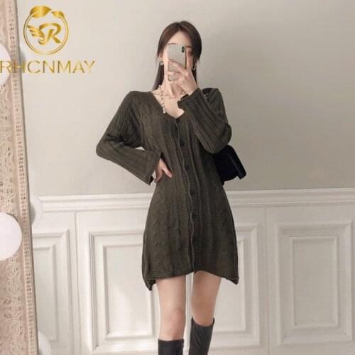 2020 Spring Autumn New V-Neck Jersey Dress Knitted Sweaters Women Elegant Slim Fashion Long pagoda sleeve Mini Skirt