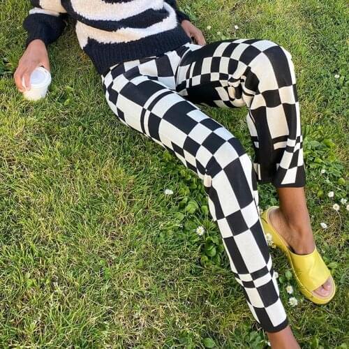 Za Knitted Plaid Wide Leg Pants Vintage 2021 Summer White Black Streetwear High Waist Long Pants Women Fashion Casual Trousers