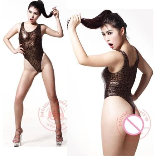 XL Plus Size Bodysuit Women Leopard Print Gothic Bodystocking Sexy Hot Erotic PU Leather Catsuit Glitter Thong Swimwear Sukumizu