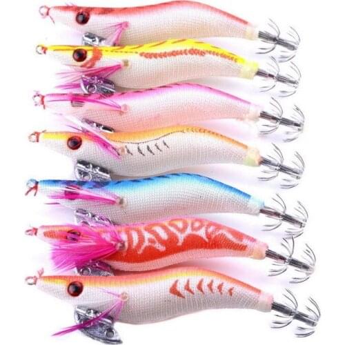 7Pcs Wood Shrimp Fishing Lure 8.5CM 11G Squid Jigs 2.5# Artificial Squid Jigs Octopus Cuttlefish Shrimp Baits