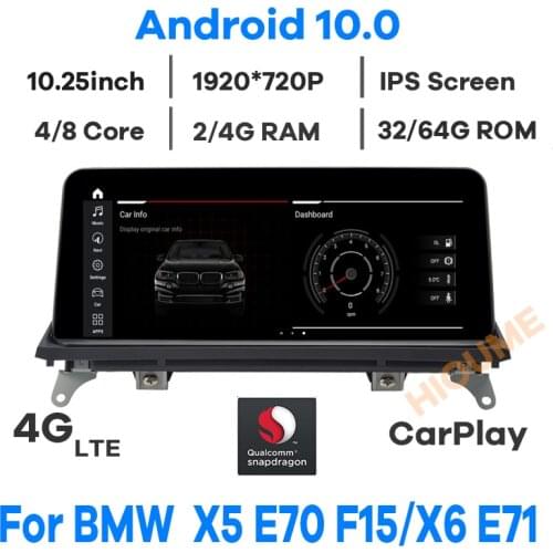 10.25" Qualcomm CPU Android 10 Car Multimedia Player GPS for BMW X5 E70 F15/X6 E71 F16 2007-2017 CCC CIC Radio Stereo Navigation