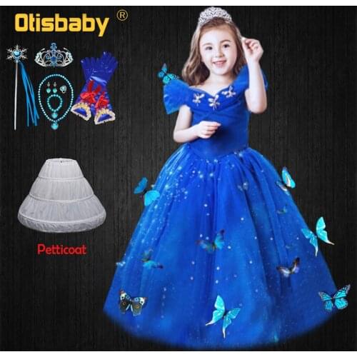 Butterfly Fancy Girl Blue Cinderella Evening Tulle Long Dress Elegant Girls Tutu Party Night Carnival Kids Princess Costume