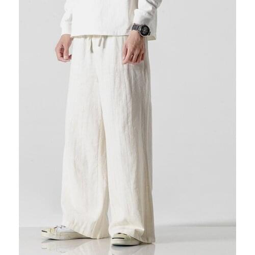 Men Hip Hop Baggy Cotton Linen Harem Pants Men Wide Leg Trousers Oversized Loose Elastic Up Waist Trousers Casual Pants