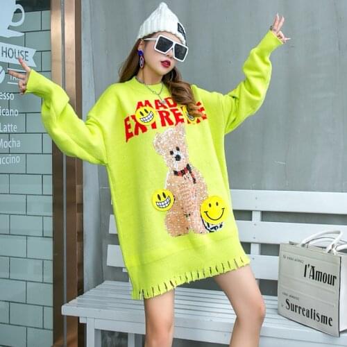 Black White Yellow Women Cartoon Print Sweater 2020 Autumn Women Pullover Sweater With Sequin Oversized C319