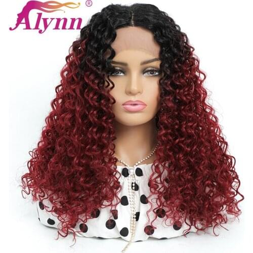 Alynn Long Kinky Curly Wig Synthetic Omber Red Lace Front Wig Natural Middle Part Cosplay Wigs For Women Heat Resistant Fiber