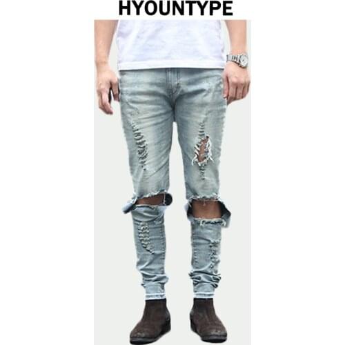 Fashion Designed Slim Fit Ripped Biker Jeans Hi-Street Mens Distressed Denim Joggers Knee Holes Washed Destroyed Jeans Men Pants