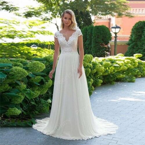 Elegant Bohemian Wedding Dresses New Arrival Bride Dress Lace Applique Backless Chiffon Beach Bridal Dresses Vestido De Noiva