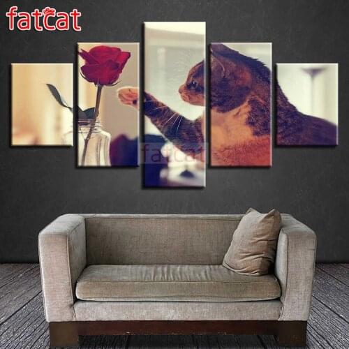 FATCAT Rose flowers animals cat 5 Piece Diy Diamond Painting Full Square Round Mosaic Embroidery Sale Needlework Decor AE2534