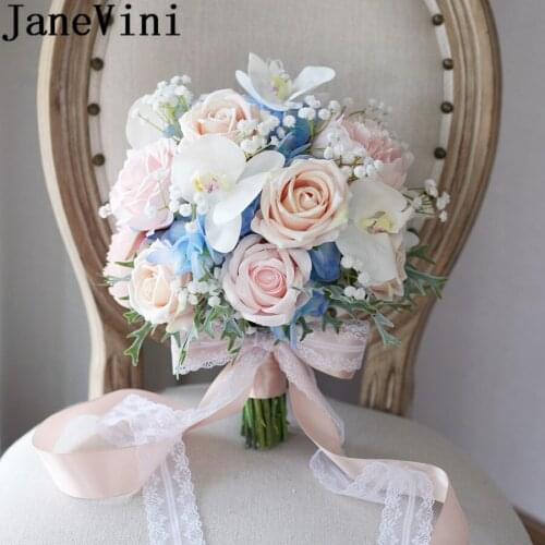 JaneVini Artificial Orchid Wedding Bouquet Champagne Pink Rose Flowers Brooch Blue Hydrangea Bridal Bouquets Fleur Mariage 2019