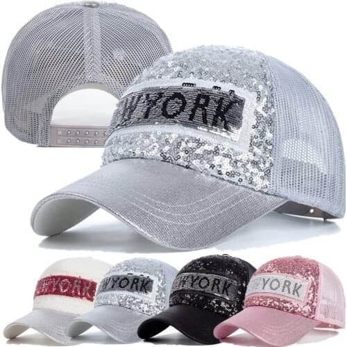 New Fashion Women Summer Cap New York Letter Sequins Shiny Baseball Cap Female Streetwear Trucker Hats