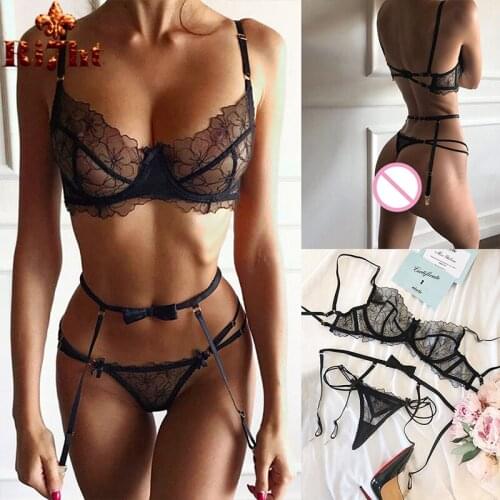 3PCS Bra G-String Garter Suit Womens Sexy Lingerie Lace Top Bra Set Lady Thong Underwear Set Female Fashion Top Erotic Lingerie