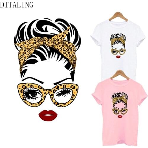 Leopard Women Thermal Stickers On Clothing Fashion Girl Patches DIY T-Shirt Tops Iron On Transfers Decals Glasses Lady Appliqeud