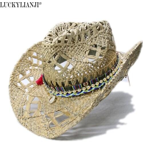 LUCKYLIANJI Womens Mens Vintage Wide Brim Straw Sun Beach Cowboy Cowgirl Western Hat Ethnic Style Braid Leather Band (58cm)