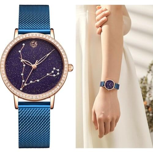 MEGIR 2021 Blue Starry Sky Constellation Star Watch For Women with Japan Movt Luxury Quartz Ladies Wristwatch for Girls