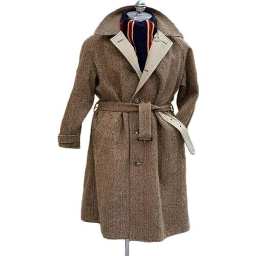 Herringbone Brown Men Suits With Belt Wool Thick Fashion Custom Made Long Men Coat Lapel Fashion Business Jacket High Quality