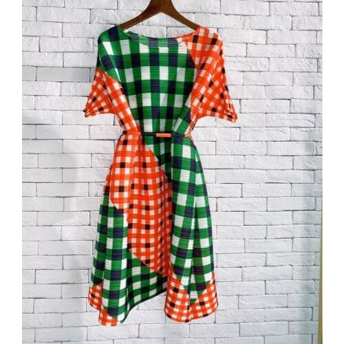 2021 summer new womens sweet dresses Fashion plus size belt waist short sleeve printed plaid dress