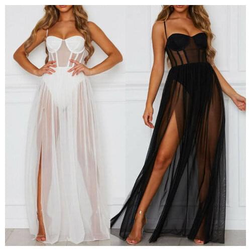 Women New Fashion Sexy See-through Bodycon Spaghetti Strap Long Dress Elastic Summer High Waist Party Beach Sundress Bodysuit
