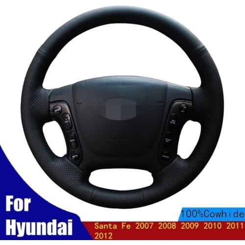 Hand-stitched Car Steering Wheel Cover Soft Black Genuine Leather For Hyundai Santa Fe 2007 2008 2009 2010 2011 2012