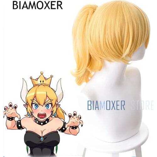 Biamoxer Princess Bowsette Cosplay Wig Gold Pigtail Super Mario Peach Koopa Bowser Role Playing Synthetic Hair