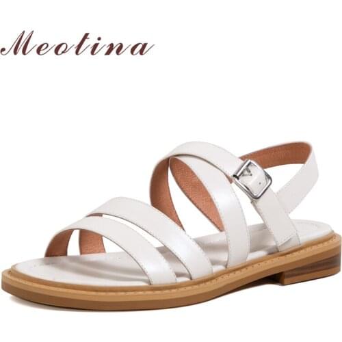 Meotina Women Sandals Genuine Leather Shoes Round Toe Flat Sandals Narrow Band Buckle Strap Ladies Footwear 2021 Summer Beige 40