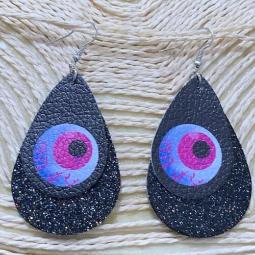 Halloween Earrings Glitter Stripe Two Layers Faux Leather Lightweight Leaf TeaDrop Earrings
