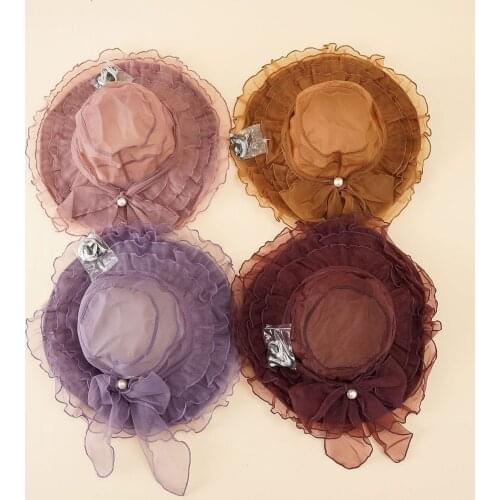 Net Gauze Sunshade Ruffled Large Brimmed Hat With Pearl Buckle French Bow Beach Cap Solid Color Light Translucent Sun Hat