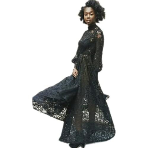 Vintage African Lace Dress Women Full Sleeve O Neck Robes Summer New Solid Hollow Slim Elegant African Party Maxi Dress Vestidos
