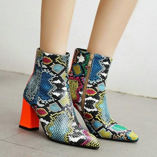 2020 PU Leather Women Ankle Boots Fashion Square High Heel Pointed Toe Ladies Short Boots Snake Print Lady Shoes Big Size 34-43
