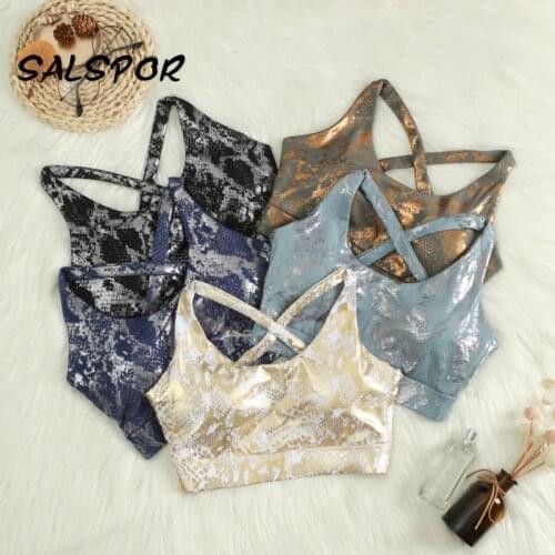 SALSPOR Push Up Bras Gym Women High Waist Snake Printed Bra Fitness Cross Backless Tank Tops Athletic Cropped Padded Bronzing
