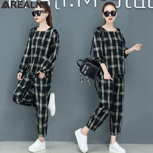 Plus size two piece set Suits vintage 2 piece set women plaid Shirt top + Pants Korean Cotton linen tracksuit women fall outfits