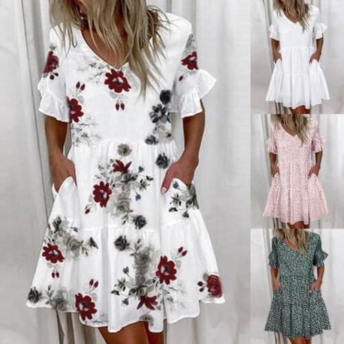 Summer Casual V-Neck Loose Female Women Floral Print Elegant Lady Dress for Shopping Large Size XXXL Dress Outdoor Wear Vestido