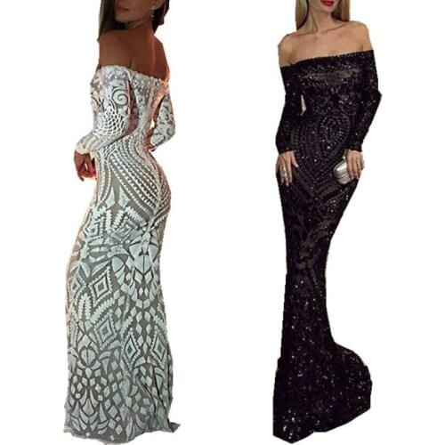 Women Long Sleeve Backless Maxi Dress Evening Party Spring Summer Slash Neck Sequins Bodycon Clubwear Long Dresses Black White
