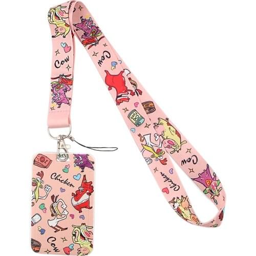 1pc ZF2201 Pink Chicken And Cow Cartoon Card Holder ID Holder Bus Card Holder Staff Card With Lanyard
