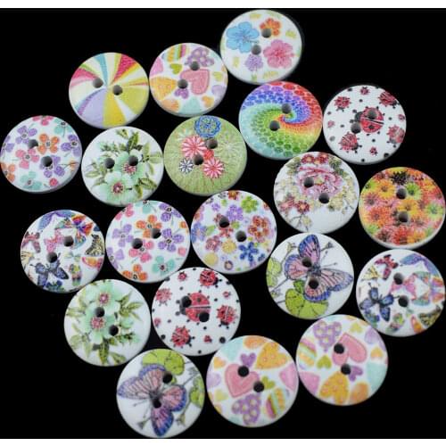 100PCS 15MM Colorful Strip and Flower Print 2 Holes Wooden Buttons for Sewing Scrapbooking Crafts DIY Clothing Accessories