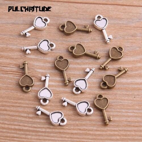 40PCS 7*16mm New Product Two Color Small Herat Charms Key Pendant Jewelry Metal Alloy Jewelry Marking