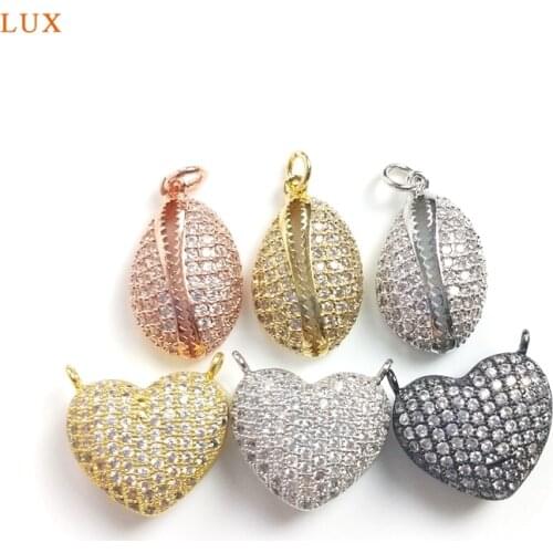5pcs Micro CZ Pave Puffy Heart Open Shells Charm Pendant Necklaces For Women Gold Plated CZ Connector Heart Pendant Jewelry Set