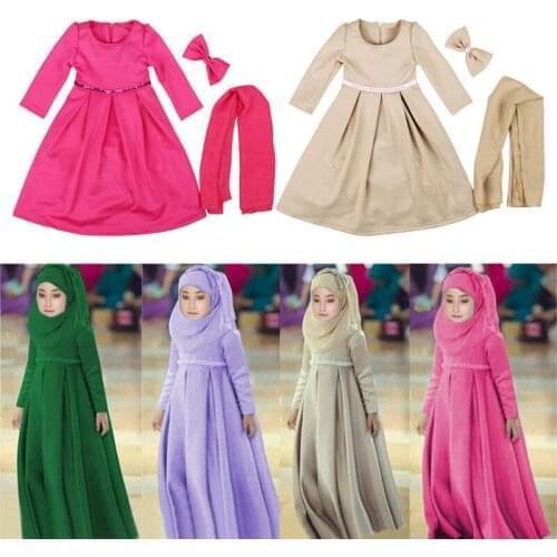 Abaya Hijab Robes For Girls 3 Piece Scarf Bow Dress Muslim Prayer Clothes Kids Solid Loose Abayas Islamic Clothing